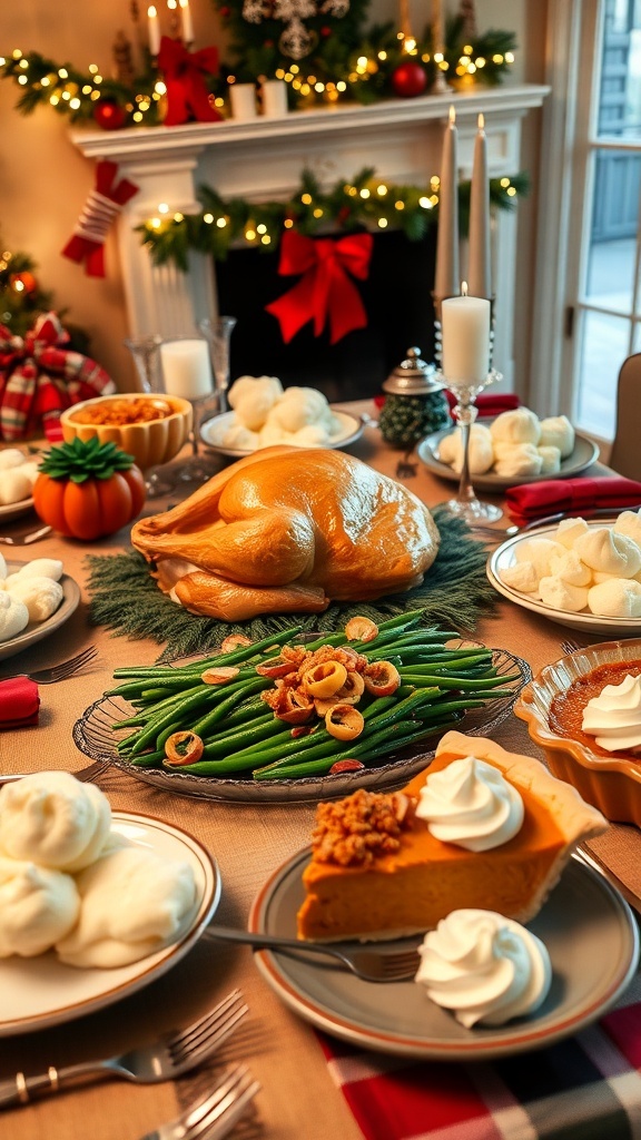 A festive Christmas dinner table with roasted turkey, mashed potatoes, green bean casserole, and pumpkin pie.